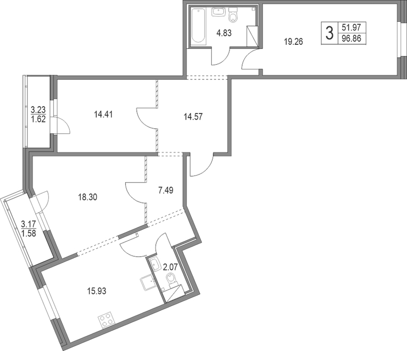 3-комнатная квартира 96.86 м², 18/19 эт., ЖК «Приморский квартал»